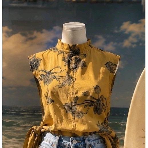 Urban Outfitters Uo Jena Printed Tie-Front Button Blouse, Crop Women's Small